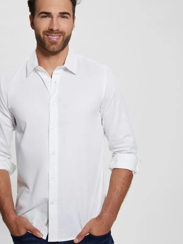 Men GUESS Luxe Stretch Shirt Pure White Shirts Men GUESS Luxe Stretch Shirt Pure White Shirts