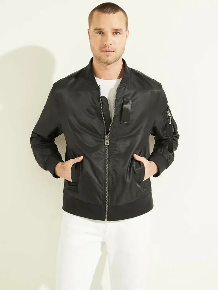 Men GUESS Nylon Flight Jacket Black Jackets and Coats