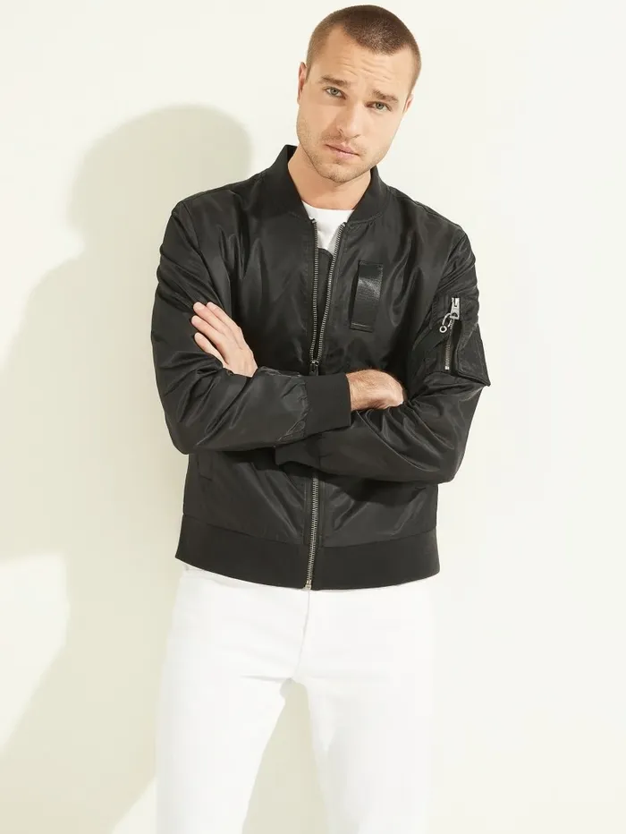 Men GUESS Nylon Flight Jacket Black Jackets and Coats