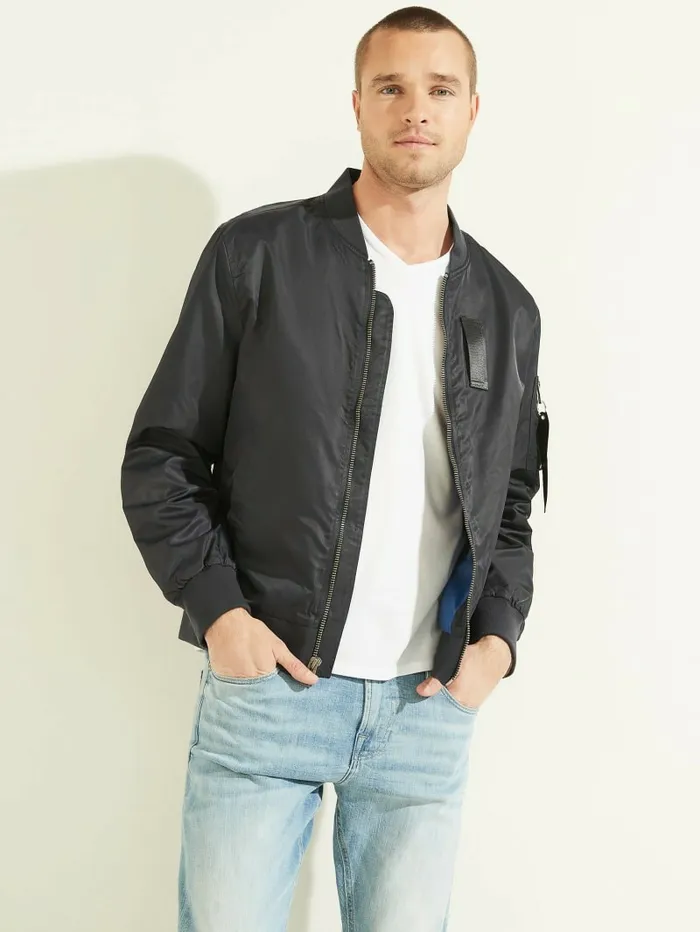 Men GUESS Nylon Flight Jacket Bleu lgant Jackets and Coats