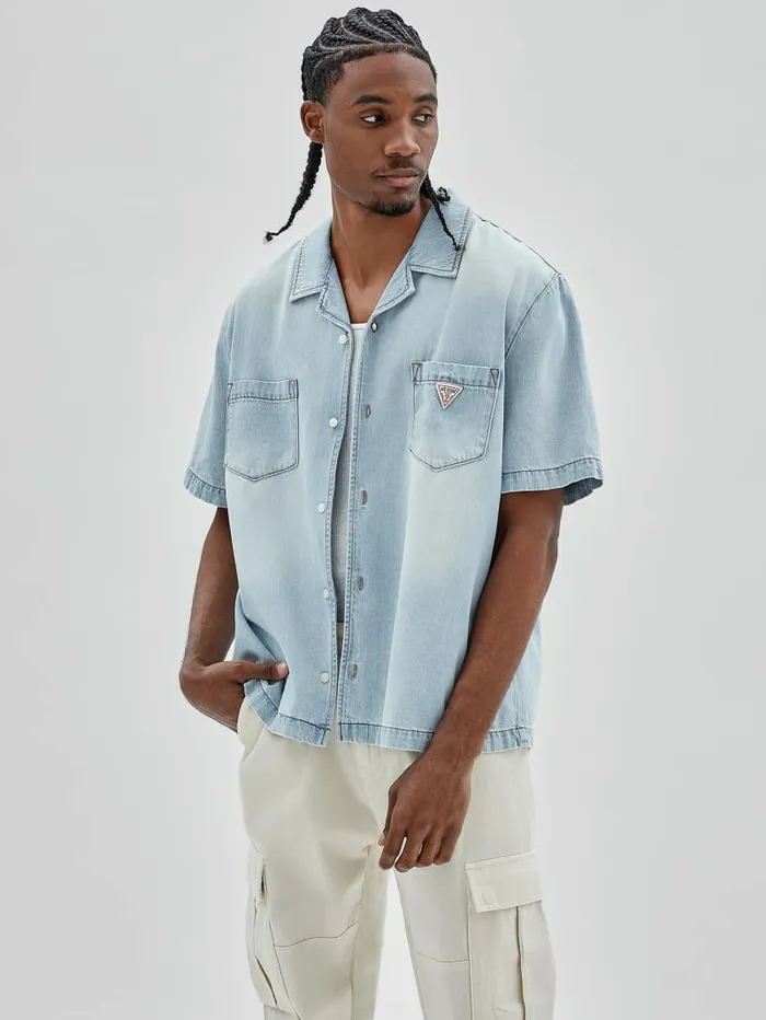 Men GUESS Originals Denim Camp Shirt Go Lt Wash Denim Shirt Shirts GUESS