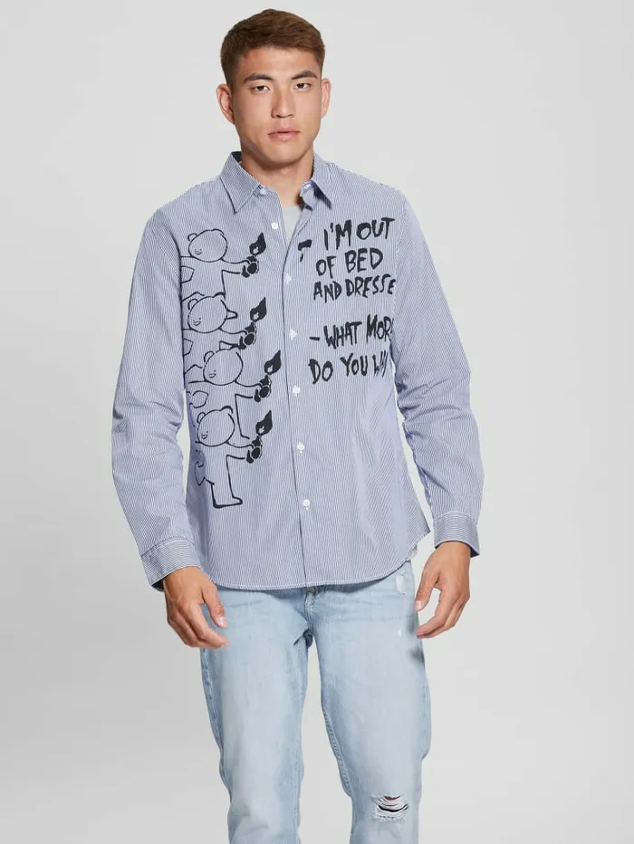 Men GUESS Striped Teddy Graffiti Woven Shirt Bright Zaffre Multi Shirts
