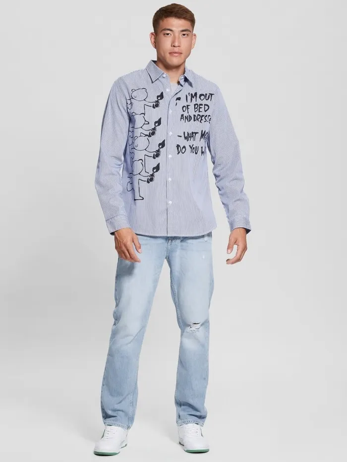 Men GUESS Striped Teddy Graffiti Woven Shirt Bright Zaffre Multi Shirts Men GUESS Striped Teddy Graffiti Woven Shirt Bright Zaffre Multi Shirts