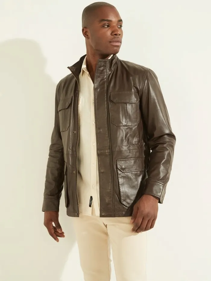 Men Jackets and Coats GUESS Leather Field Jacket Chocolate Brownie
