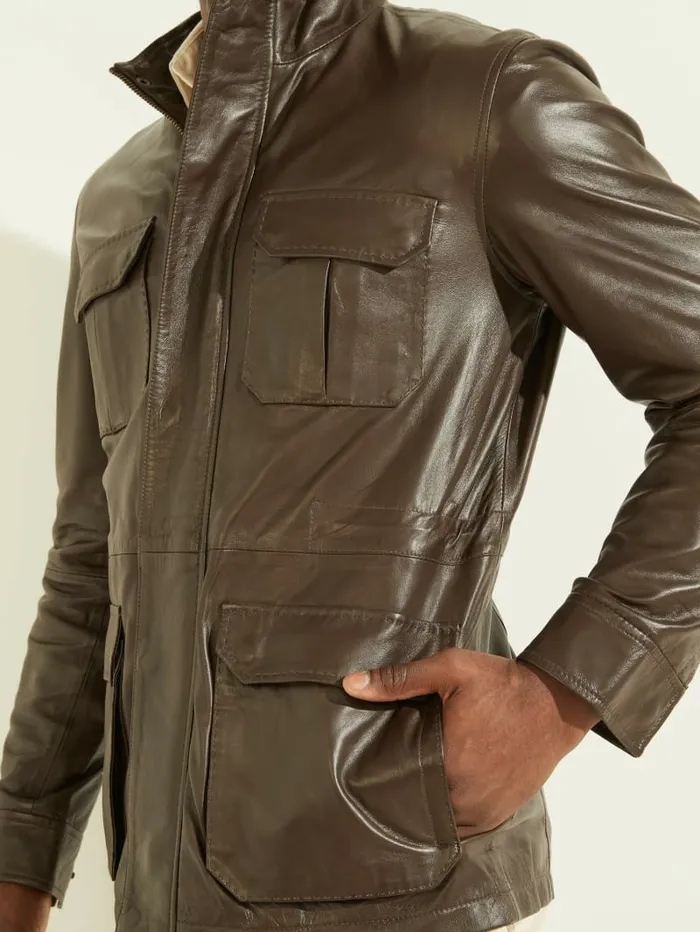 Men Jackets and Coats GUESS Leather Field Jacket Chocolate Brownie Men Jackets and Coats GUESS Leather Field Jacket Chocolate Brownie