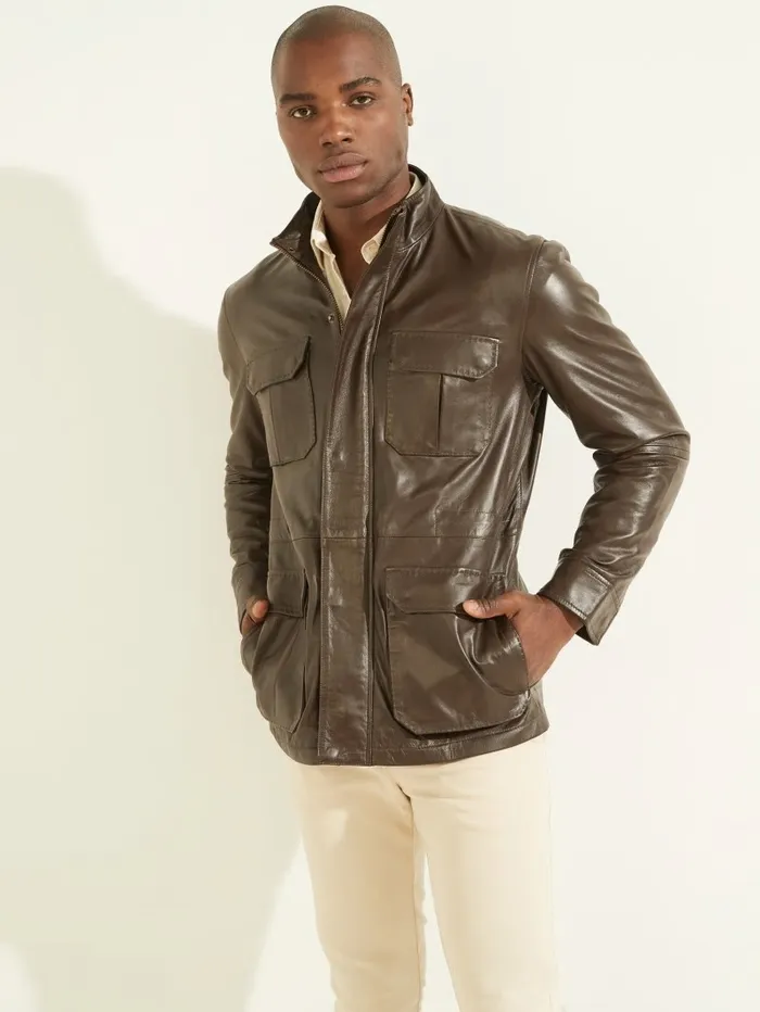 Men Jackets and Coats GUESS Leather Field Jacket Chocolate Brownie Men Jackets and Coats GUESS Leather Field Jacket Chocolate Brownie