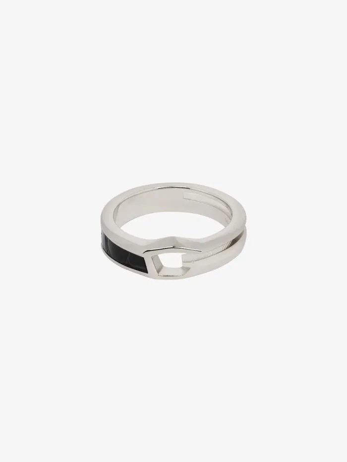 Men Jewelry Givenchy Giv Cut Ring In Metal And Leather Blacksilvery