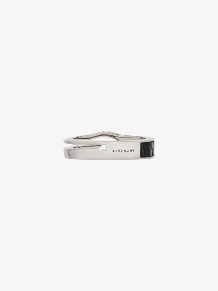 Men Jewelry Givenchy Giv Cut Ring In Metal And Leather Blacksilvery