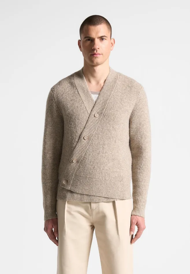 Men Manire De Voir Double Breasted Brushed Knit Cardigan Taupe