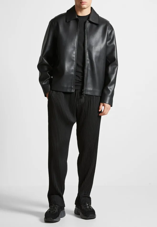 Men Manire De Voir Leather Minimal Boxy Jacket Black