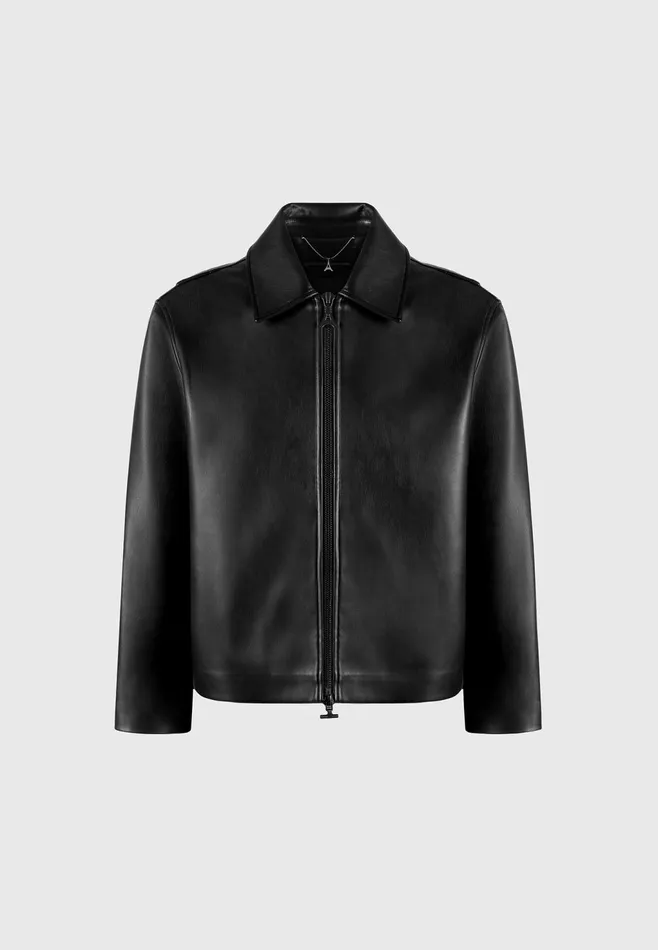 Men Manire De Voir Leather Minimal Boxy Jacket Black
