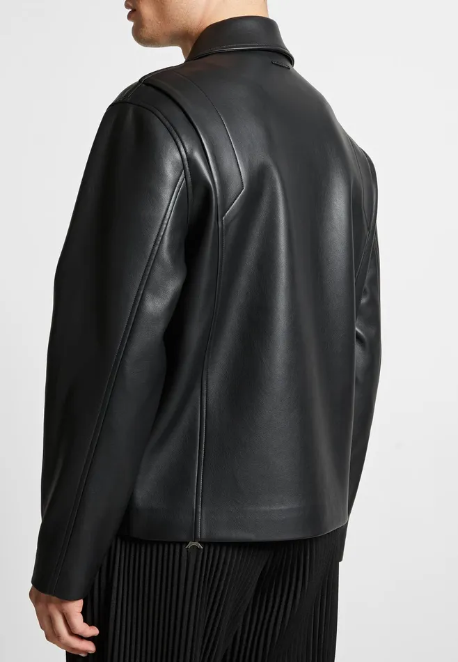 Men Manire De Voir Leather Minimal Boxy Jacket Black