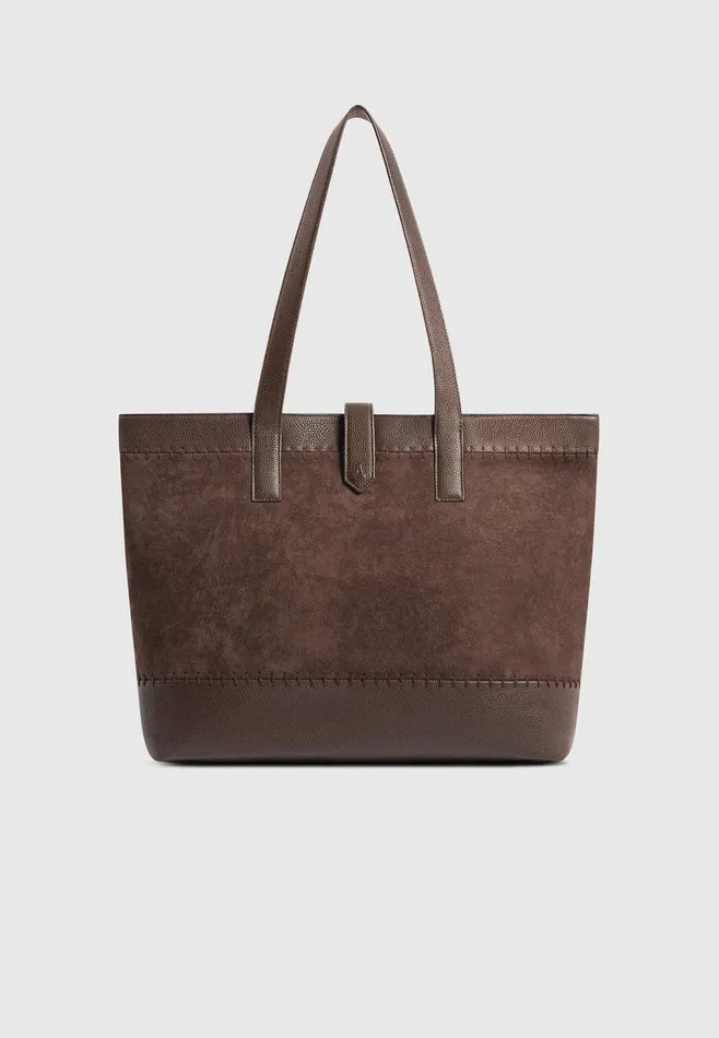 Men Manire De Voir Suede and Pebbled Leather Whipstitch Tote Bag Brown