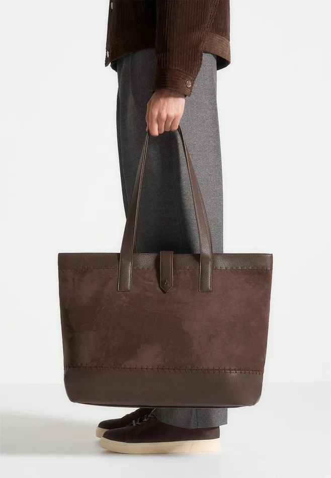 Men Manire De Voir Suede and Pebbled Leather Whipstitch Tote Bag Brown