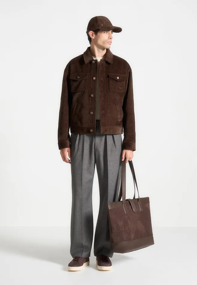 Men Manire De Voir Suede and Pebbled Leather Whipstitch Tote Bag Brown