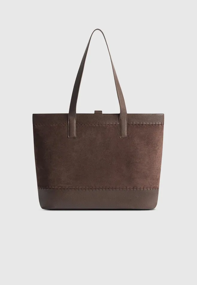 Men Manire De Voir Suede and Pebbled Leather Whipstitch Tote Bag Brown