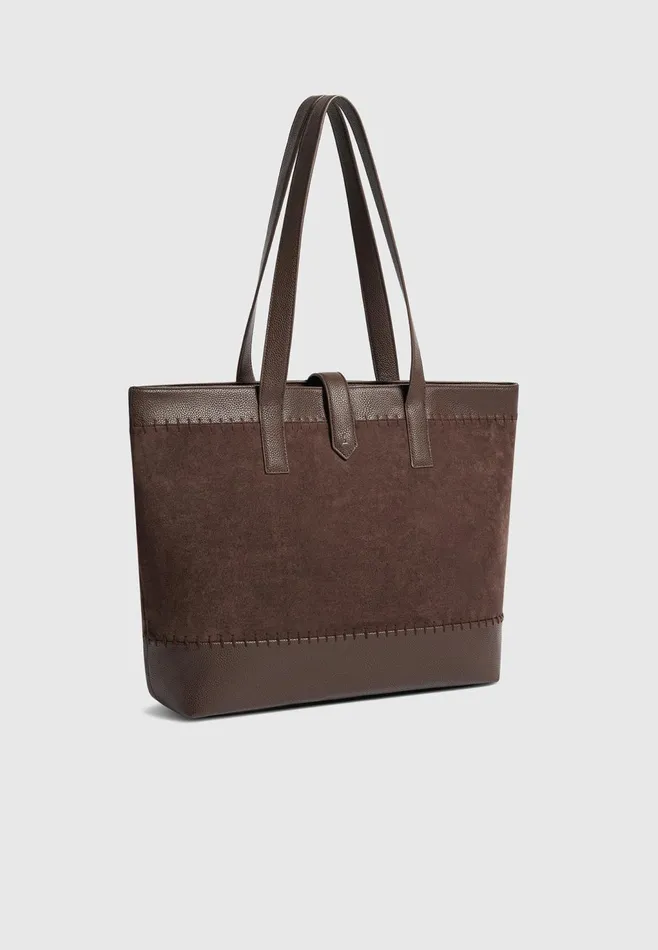 Men Manire De Voir Suede and Pebbled Leather Whipstitch Tote Bag Brown