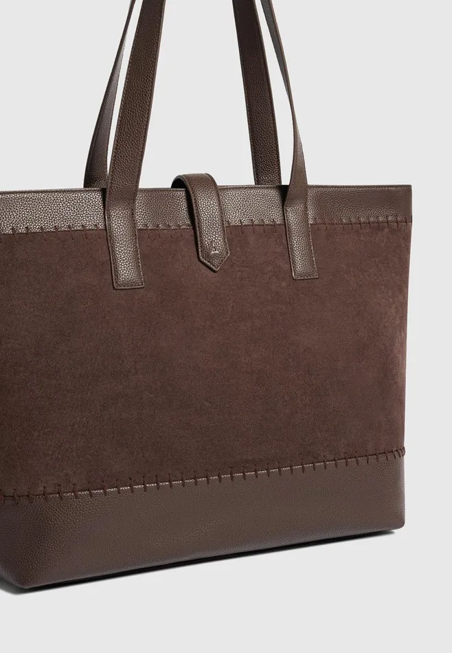Men Manire De Voir Suede and Pebbled Leather Whipstitch Tote Bag Brown