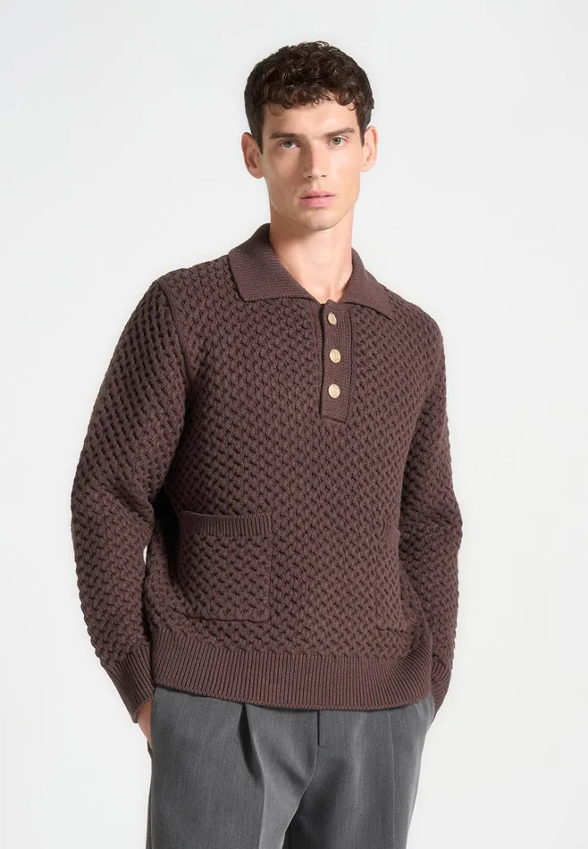 Men Manire De Voir Waffle Knit Polo Jumper Brown