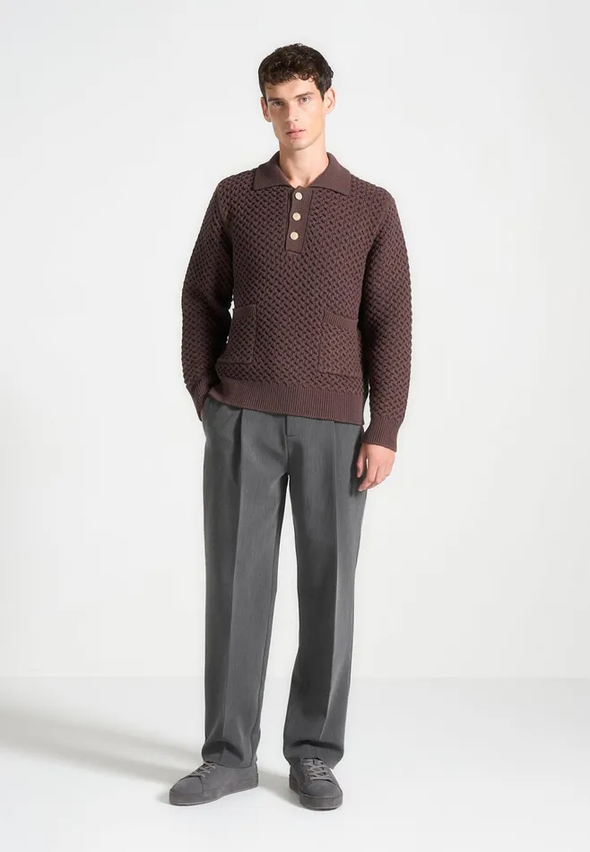Men Manire De Voir Waffle Knit Polo Jumper Brown