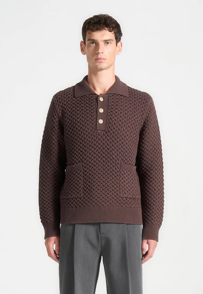 Men Manire De Voir Waffle Knit Polo Jumper Brown