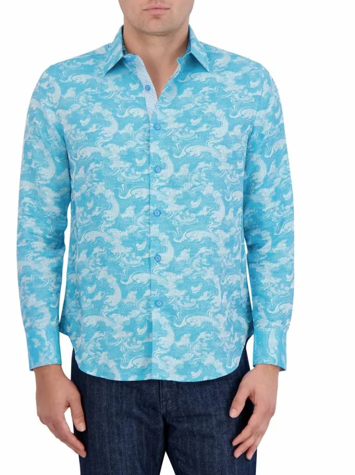Men Robert Graham Button Down Shirts Poseidon Long Sleeve Button Down Shirt Turquoise