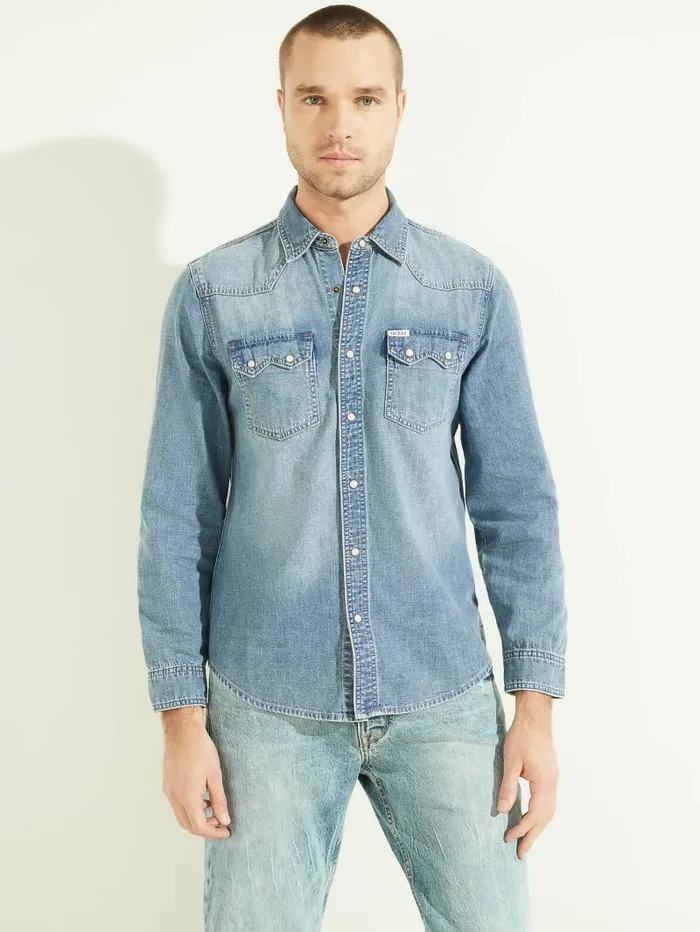 Men Western Denim Shirt Traverse Jeans and Denim GUESS