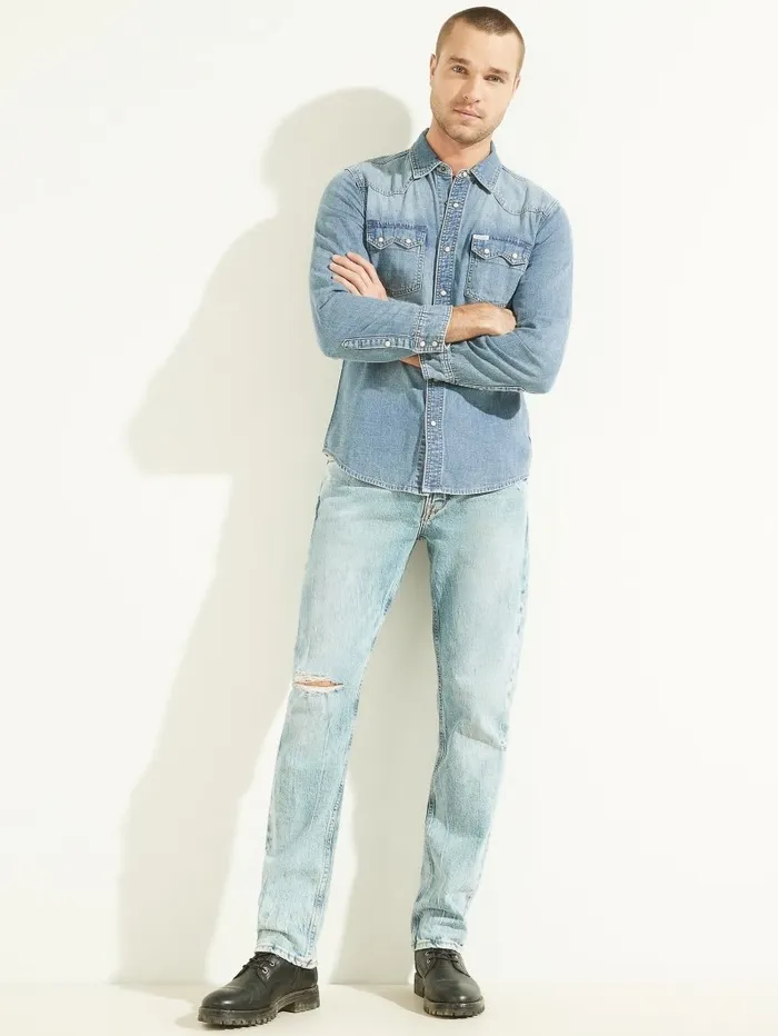 Men Western Denim Shirt Traverse Jeans and Denim GUESS Men Western Denim Shirt Traverse Jeans and Denim GUESS