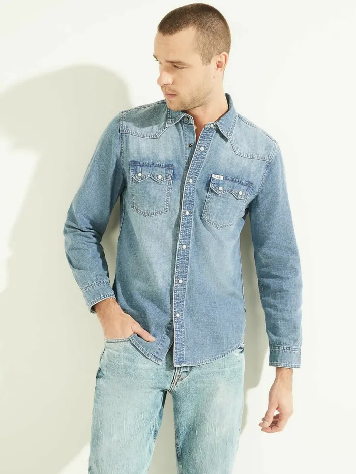 Men Western Denim Shirt Traverse Jeans and Denim GUESS Men Western Denim Shirt Traverse Jeans and Denim GUESS