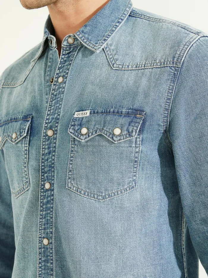 Men Western Denim Shirt Traverse Jeans and Denim GUESS Men Western Denim Shirt Traverse Jeans and Denim GUESS