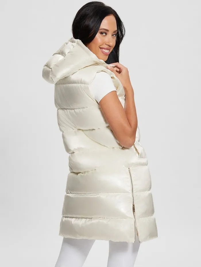 Noemi Long Satin Puffer Vest Cream White Multi Jackets and Coats GUESS Women
