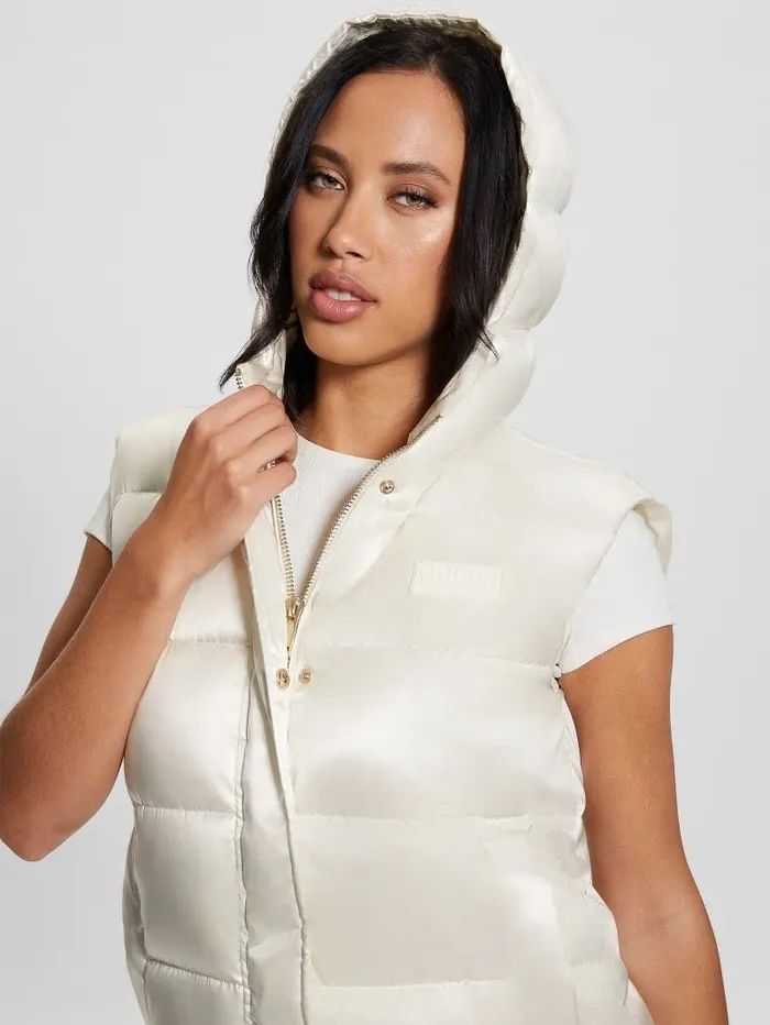 Noemi Long Satin Puffer Vest Cream White Multi Jackets and Coats GUESS Women