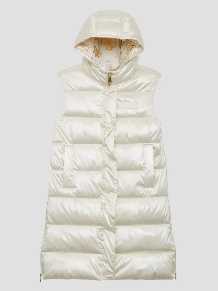 Noemi Long Satin Puffer Vest Cream White Multi Jackets and Coats GUESS Women