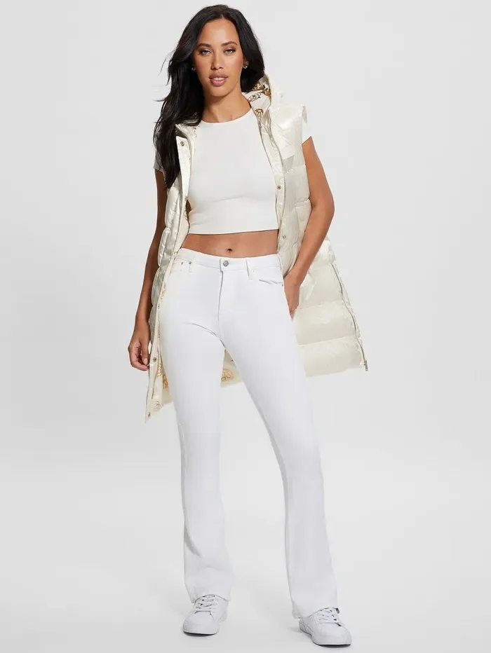 Noemi Long Satin Puffer Vest Cream White Multi Jackets and Coats GUESS Women