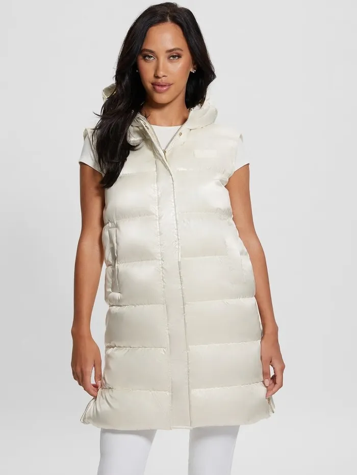 Noemi Long Satin Puffer Vest Cream White Multi Jackets and Coats GUESS Women