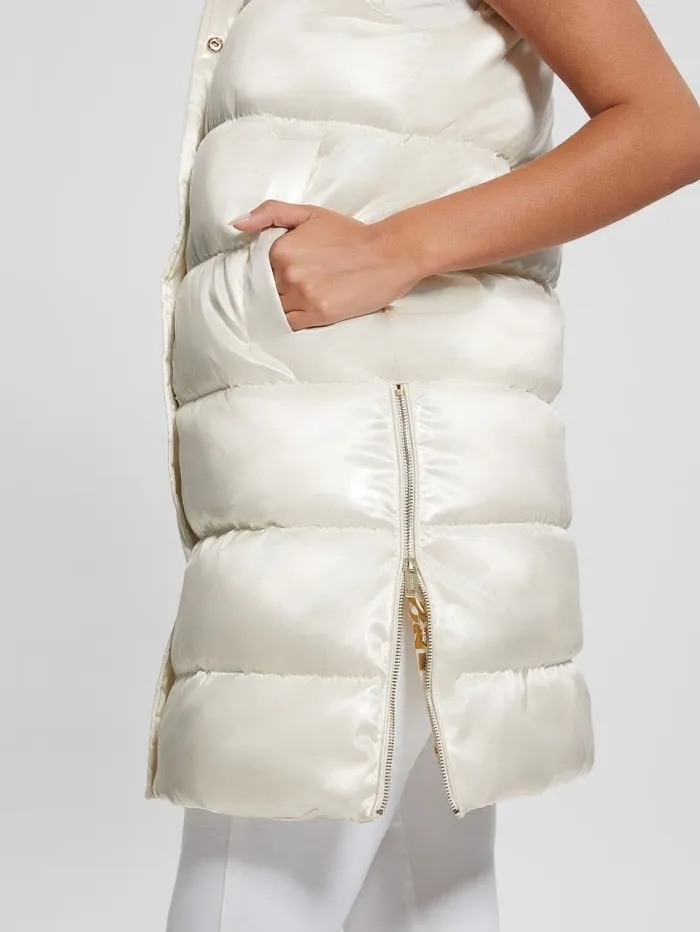Noemi Long Satin Puffer Vest Cream White Multi Jackets and Coats GUESS Women