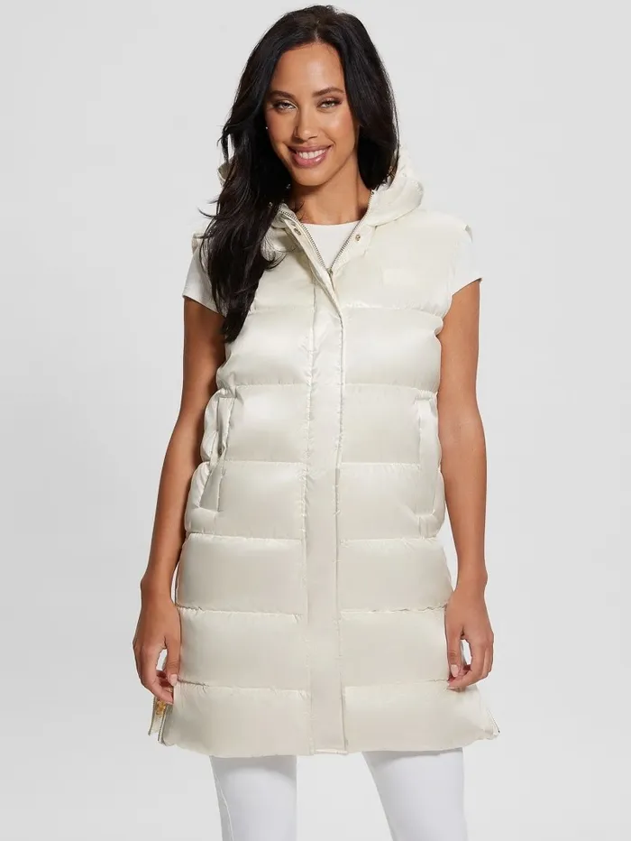 Noemi Long Satin Puffer Vest Cream White Multi Jackets and Coats GUESS Women