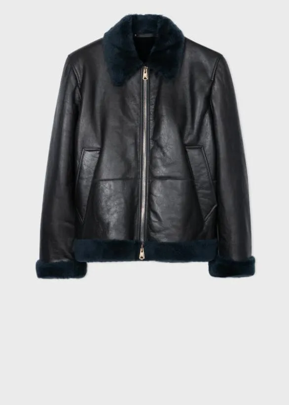 Paul Smith Coats and Jackets Shearling Leather Jacket Navy 8211 Mens