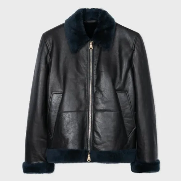 Paul Smith Coats and Jackets Shearling Leather Jacket Navy 8211 Mens