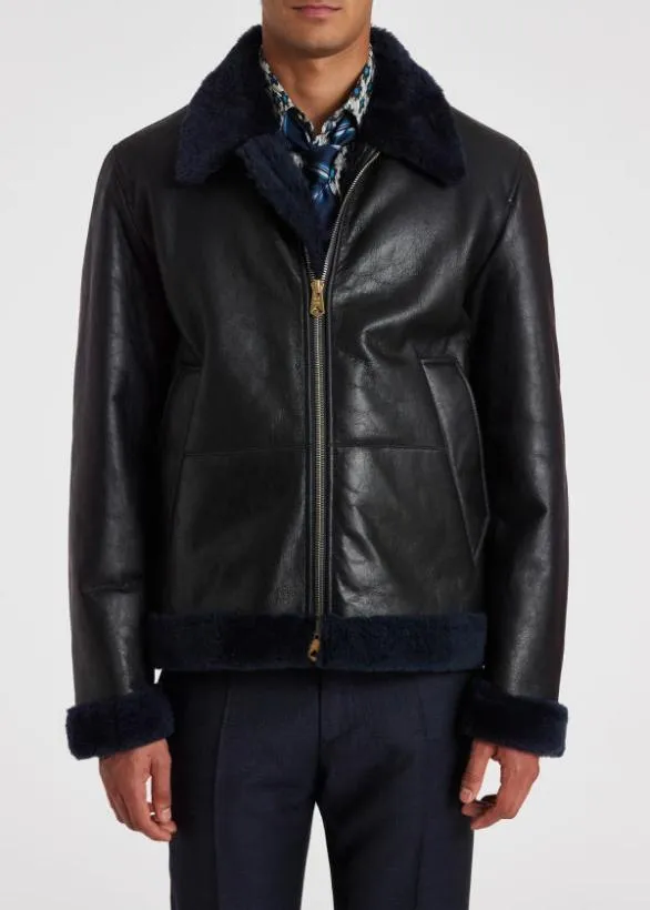 Paul Smith Coats and Jackets Shearling Leather Jacket Navy 8211 Mens