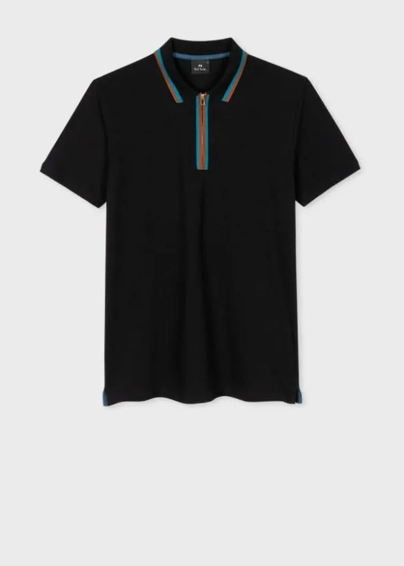 Paul Smith Polo Shirts Zip Neck StretchCotton Polo Shirt Black 8211 Mens