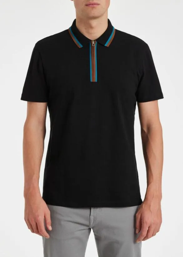 Paul Smith Polo Shirts Zip Neck StretchCotton Polo Shirt Black 8211 Mens