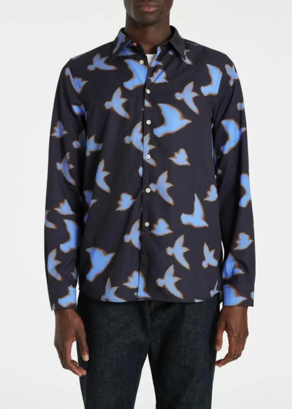 Paul Smith Shirts 039Shadow Birds039 LyocellCotton Shirt Blue 8211 Mens