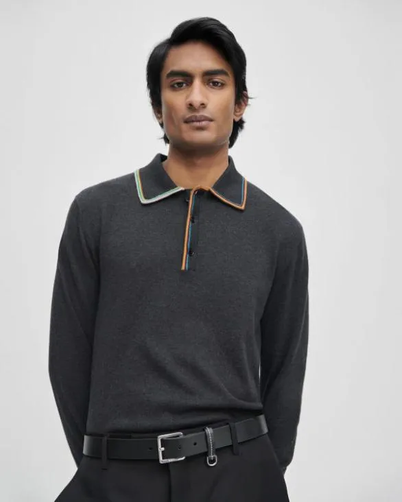 Paul Smith Sweaters 039Signature Stripe039 LongSleeve Polo Shirt Charcoal Grey 8211 Mens