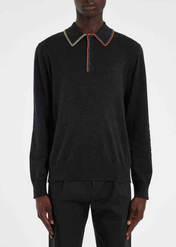 Paul Smith Sweaters 039Signature Stripe039 LongSleeve Polo Shirt Charcoal Grey 8211 Mens