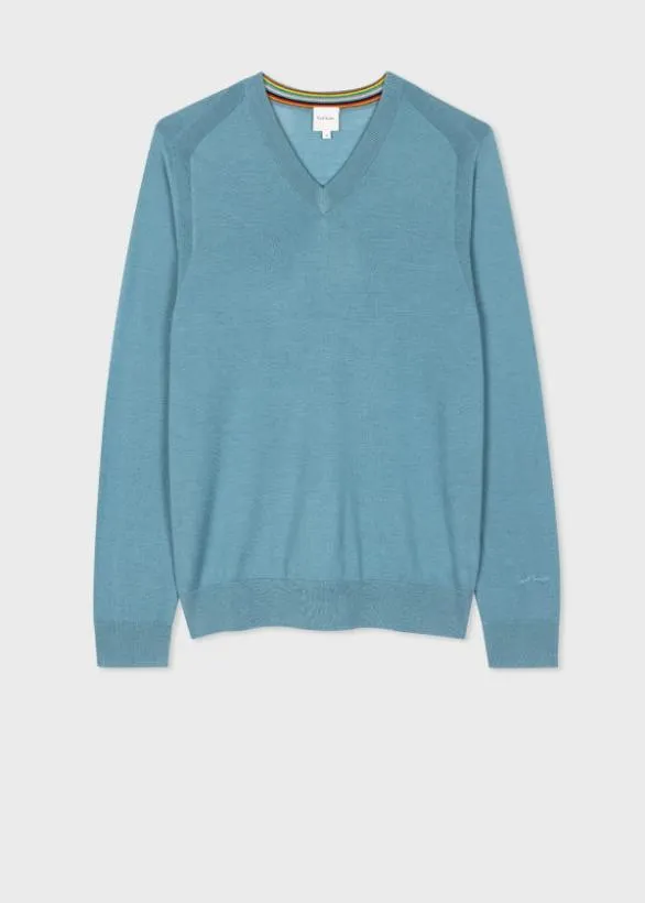Paul Smith Sweaters Merino Wool VNeck Sweater Light Blue 8211 Mens