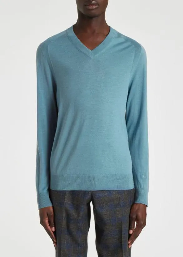 Paul Smith Sweaters Merino Wool VNeck Sweater Light Blue 8211 Mens