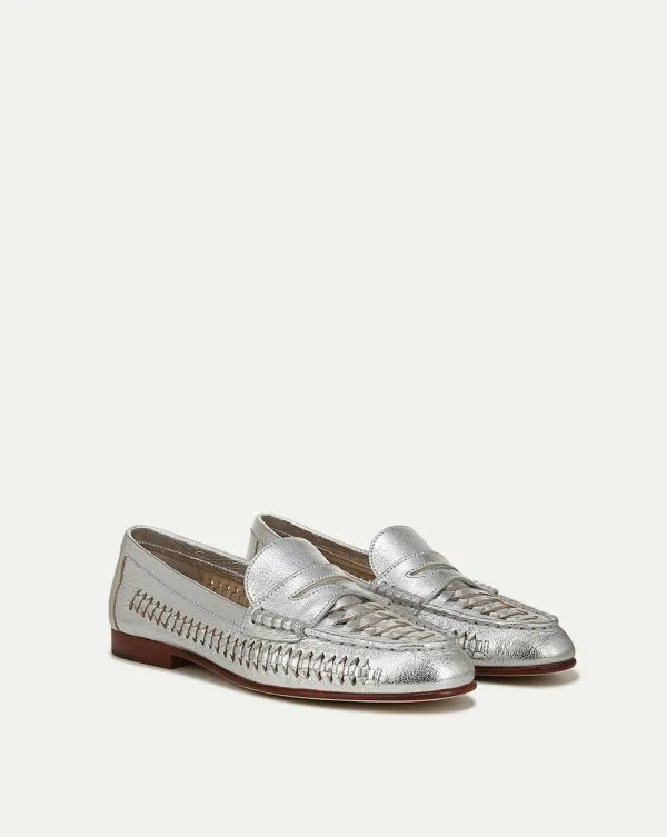 Penny Woven Metallic Leather Loafer Silver Women Veronica Beard Shoes