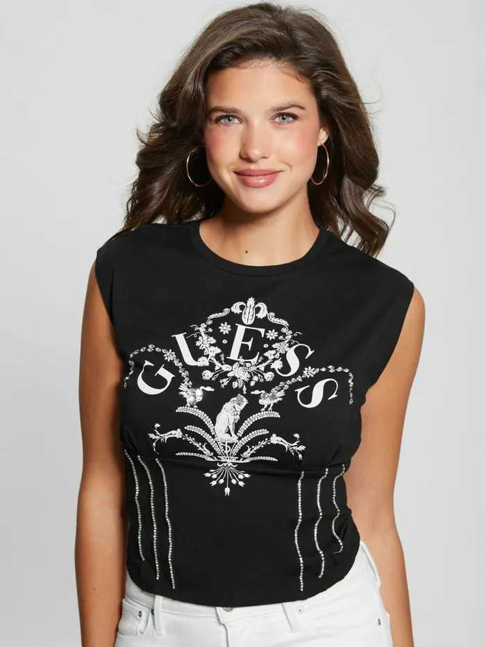 Queen Graphic Corset Tee Black Women Tops GUESS Queen Graphic Corset Tee Black Women Tops GUESS
