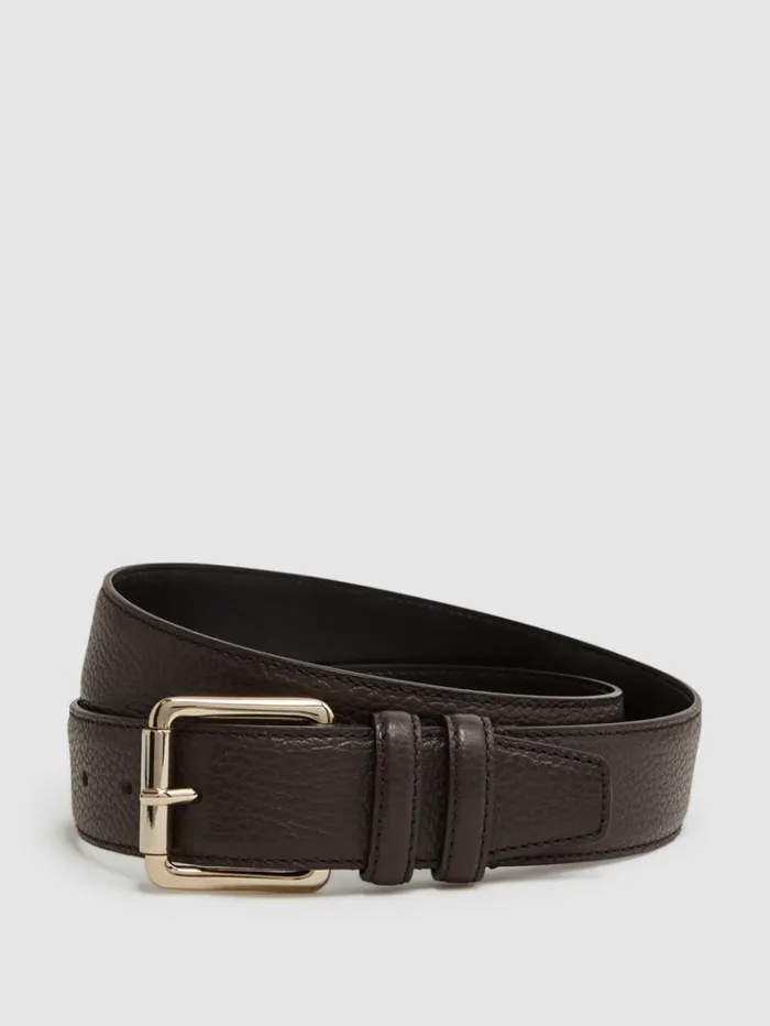 REISS Belts Men Grained Leather Belt Chocolate